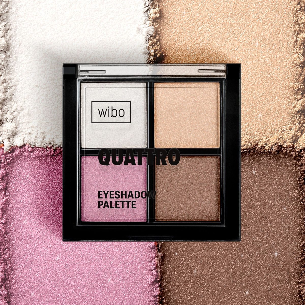 WIBO Quattro eyeshadow palette on swatches of shimmering eyeshadow